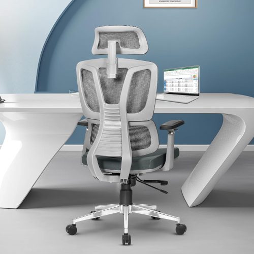 Grey High Back Office Desk Chair with Adjustable Headrest