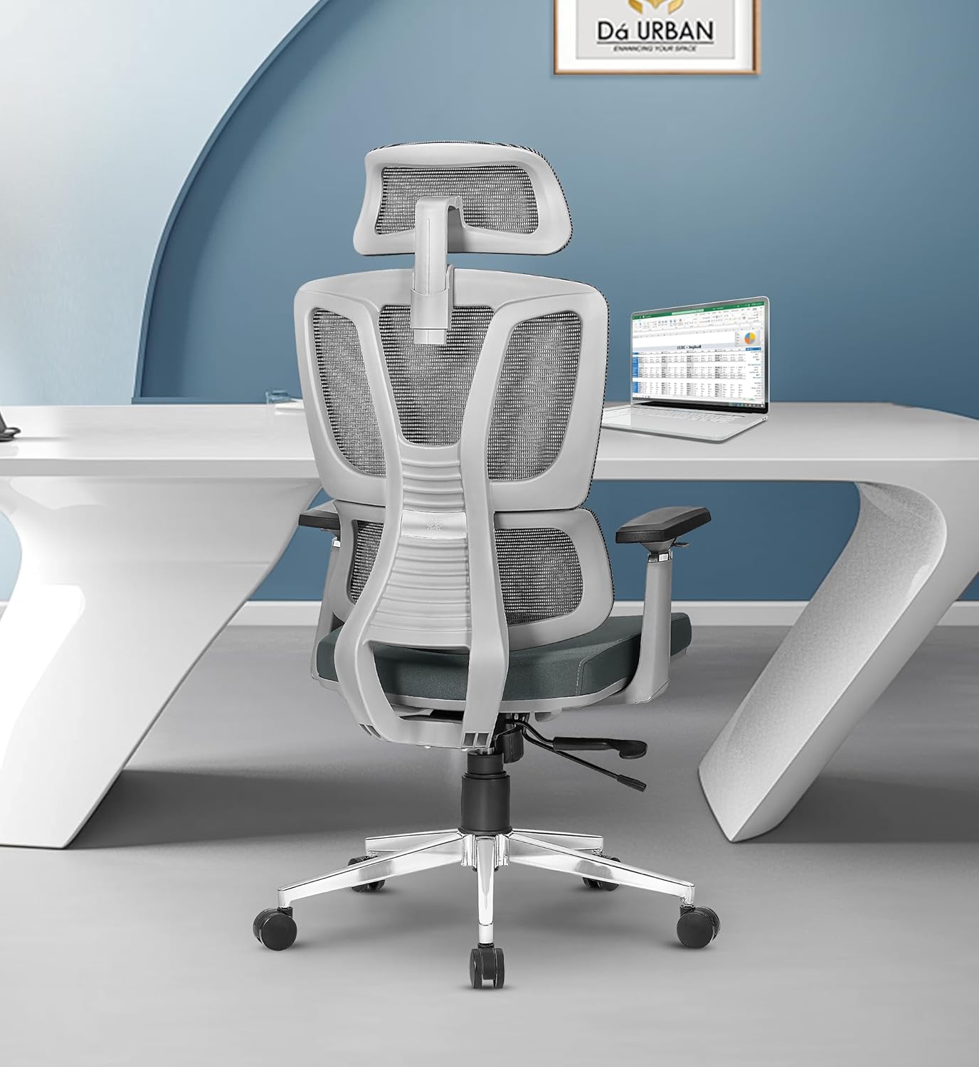 Grey High Back Office Desk Chair with Adjustable Headrest