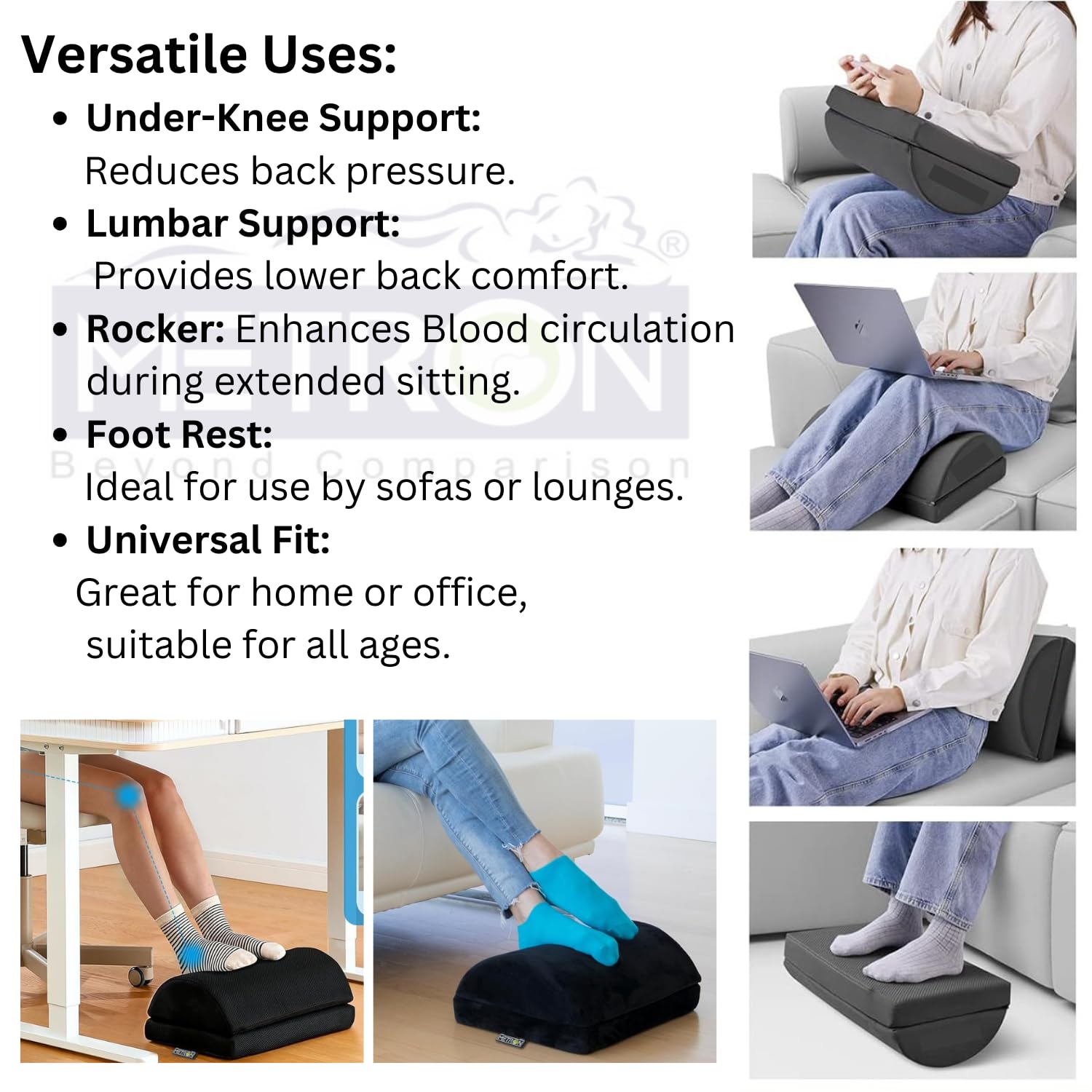 Metron Foot Rest for Office Chair – Dual Height Under Desk Footrest (5" and 7"), Ergonomic Office Leg Rest and Feet Support, Adjustable Foot Stool for Table and Work, Washable Cover - Image 3