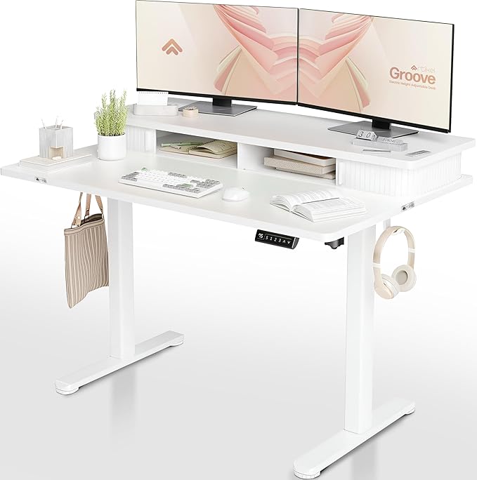 Sit and stand desk with roller shutter storage in white